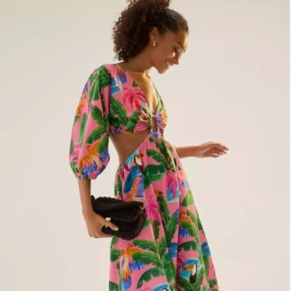 Farm Rio Anthropologie Printed V-Neck Cutout Midi Dress Pink Tropical Size M Nwt